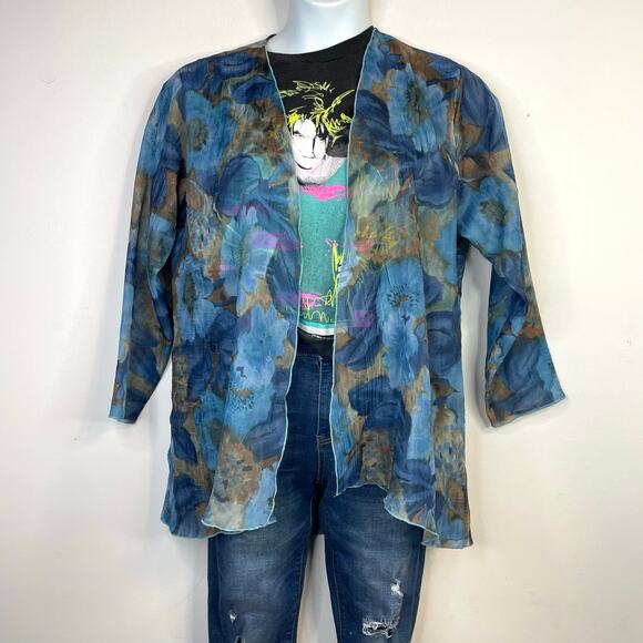 Vintage Dinah Lee Sheer Crinkle Flowy Long Open Floral Art To Wear Jacket M L - Picture 14 of 14